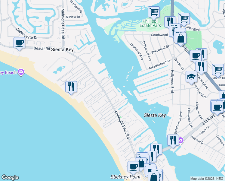 map of restaurants, bars, coffee shops, grocery stores, and more near 6034-6040 East Peppertree Way in Siesta Key