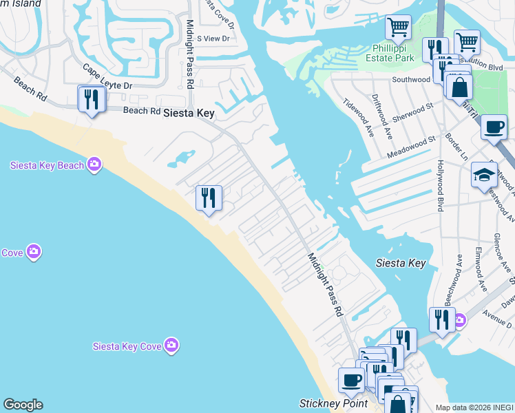 map of restaurants, bars, coffee shops, grocery stores, and more near 1150 Windsong Lane in Siesta Key