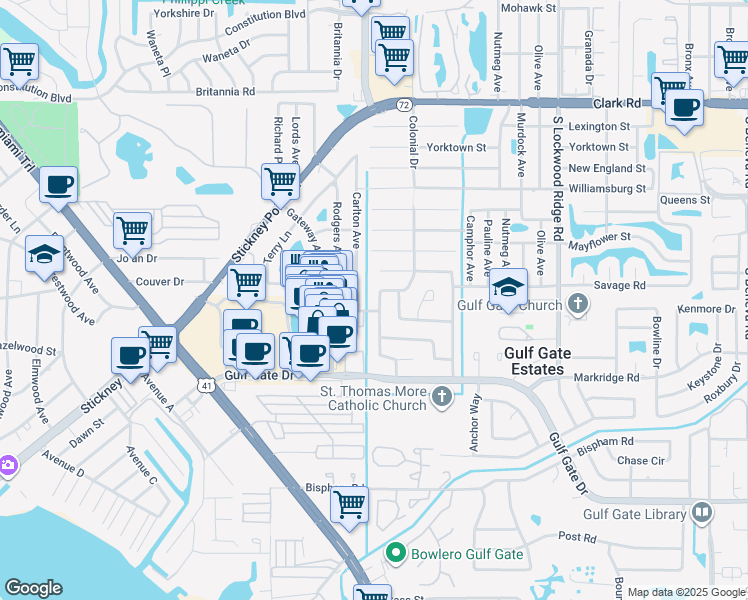 map of restaurants, bars, coffee shops, grocery stores, and more near 2710 Seaspray Street in Sarasota
