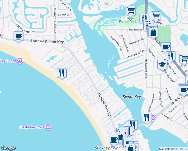 map of restaurants, bars, coffee shops, grocery stores, and more near 1216 Derby Lane in Siesta Key