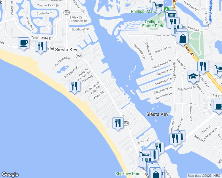 map of restaurants, bars, coffee shops, grocery stores, and more near 1211 Derby Lane in Sarasota