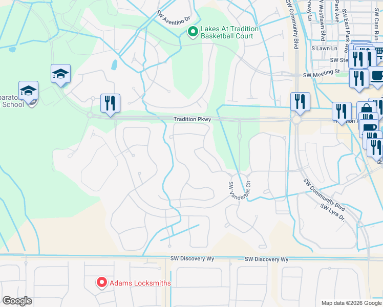 map of restaurants, bars, coffee shops, grocery stores, and more near 11107 Southwest Springtree Terrace in Port St. Lucie