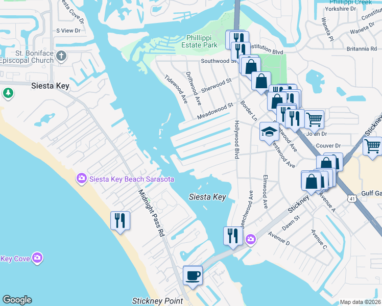 map of restaurants, bars, coffee shops, grocery stores, and more near 1533 Shelburne Lane in Sarasota
