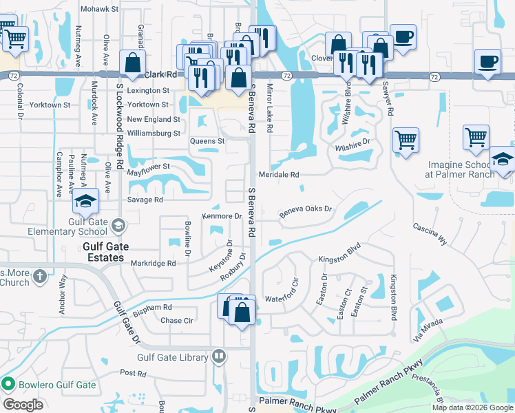 map of restaurants, bars, coffee shops, grocery stores, and more near 6372 Woodbirch Place in Sarasota