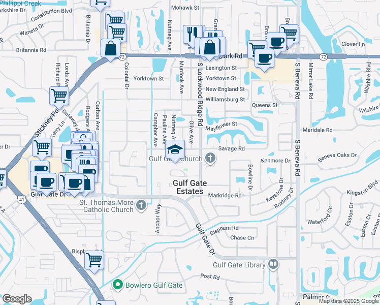 map of restaurants, bars, coffee shops, grocery stores, and more near 6328 Murdock Avenue in Sarasota