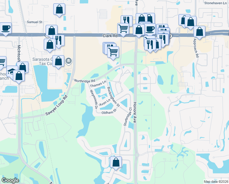 map of restaurants, bars, coffee shops, grocery stores, and more near 5174 Northridge Road in Sarasota