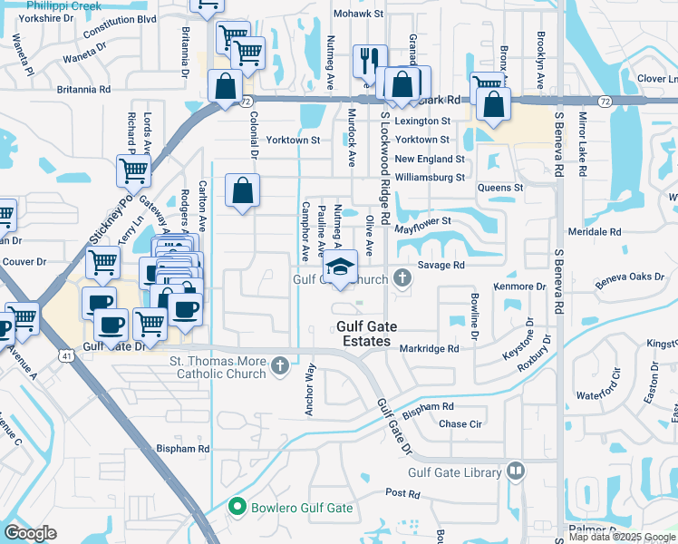 map of restaurants, bars, coffee shops, grocery stores, and more near 6328 Murdock Avenue in Sarasota