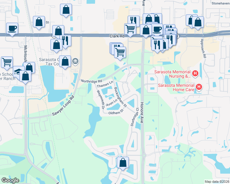 map of restaurants, bars, coffee shops, grocery stores, and more near 6226 Buckingham Street in Sarasota