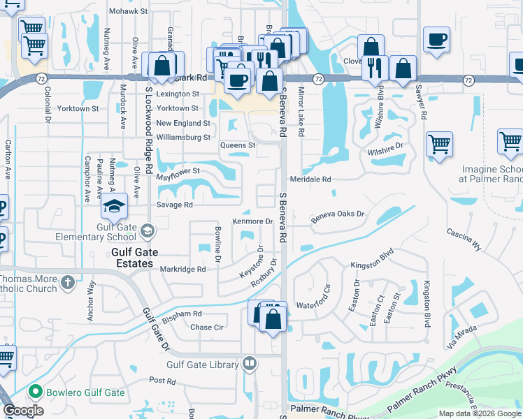 map of restaurants, bars, coffee shops, grocery stores, and more near 6222-6298 Green View Drive in Sarasota