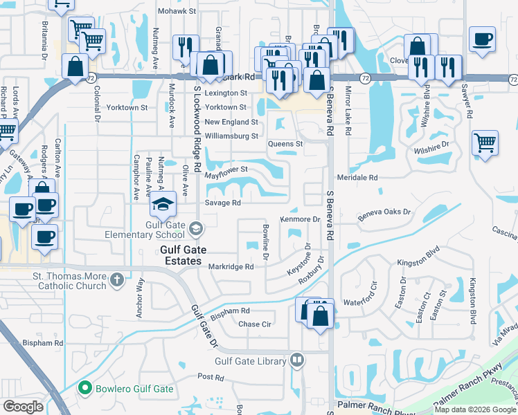 map of restaurants, bars, coffee shops, grocery stores, and more near 3355 Savage Road in Sarasota
