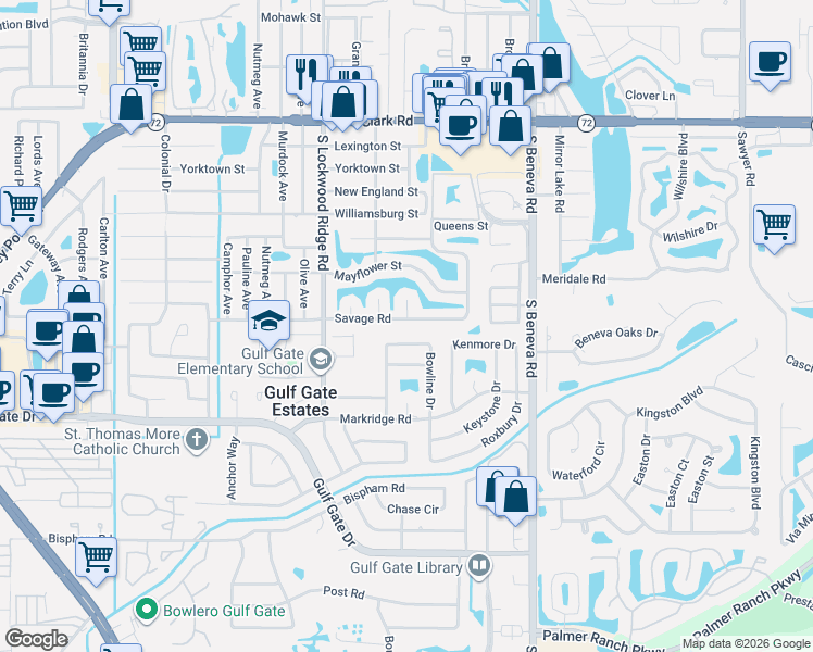 map of restaurants, bars, coffee shops, grocery stores, and more near 3319 Savage Road in Sarasota