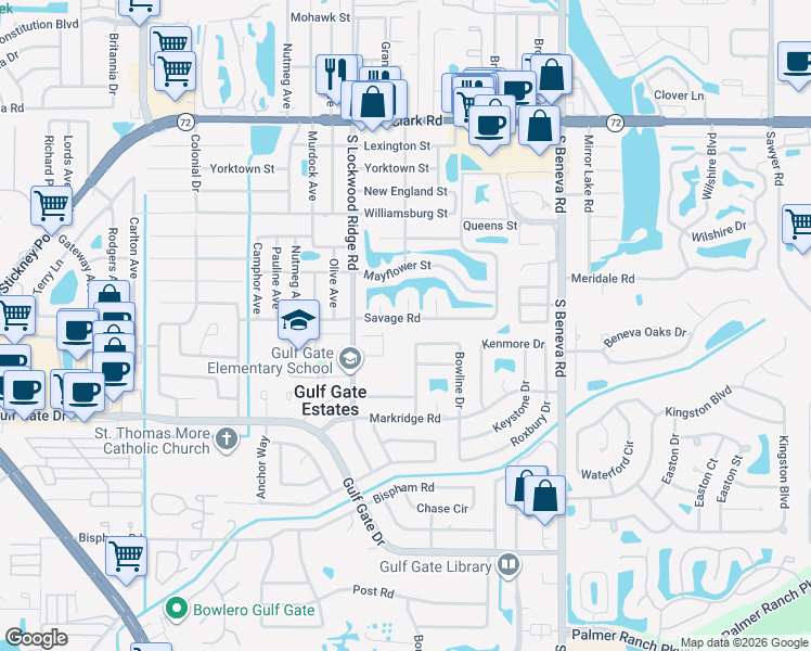 map of restaurants, bars, coffee shops, grocery stores, and more near 3253 Savage Road in Sarasota