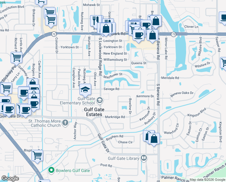 map of restaurants, bars, coffee shops, grocery stores, and more near 3253 Savage Road in Sarasota