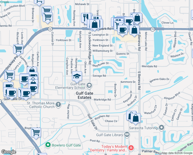 map of restaurants, bars, coffee shops, grocery stores, and more near 3253 Savage Road in Sarasota