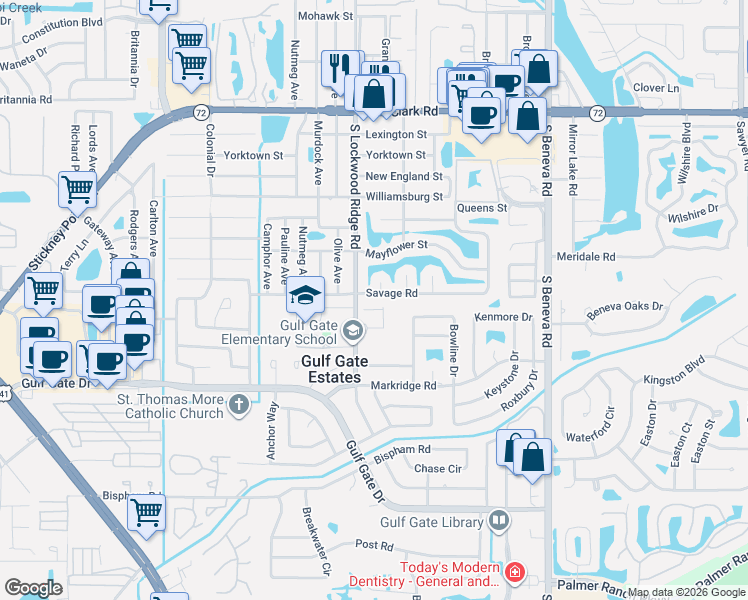 map of restaurants, bars, coffee shops, grocery stores, and more near 3253 Savage Road in Sarasota