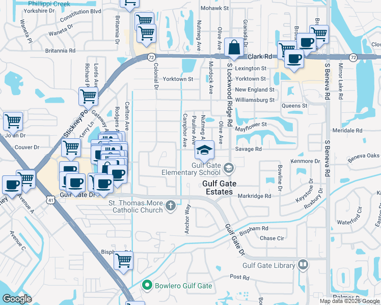 map of restaurants, bars, coffee shops, grocery stores, and more near 6332 Pauline Avenue in Sarasota