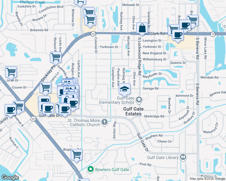 map of restaurants, bars, coffee shops, grocery stores, and more near 6332 Pauline Avenue in Sarasota