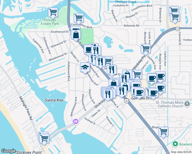 map of restaurants, bars, coffee shops, grocery stores, and more near 6311 Brentwood Avenue in Sarasota