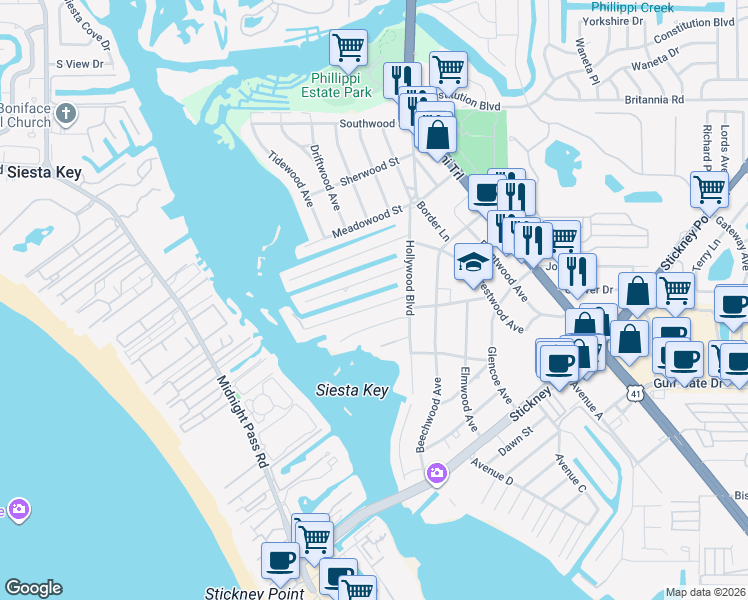 map of restaurants, bars, coffee shops, grocery stores, and more near 1665 Ridgewood Lane in Sarasota