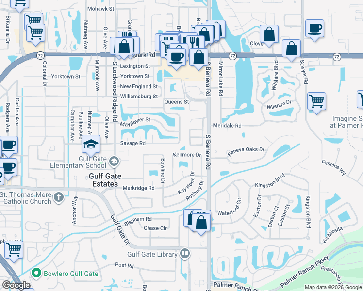 map of restaurants, bars, coffee shops, grocery stores, and more near 6315 Rockefeller Avenue in Sarasota
