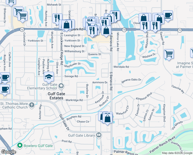map of restaurants, bars, coffee shops, grocery stores, and more near 6315 Rockefeller Avenue in Sarasota