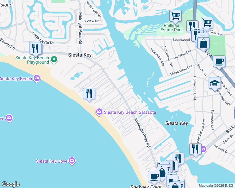 map of restaurants, bars, coffee shops, grocery stores, and more near 5960 Midnight Pass Road in Sarasota