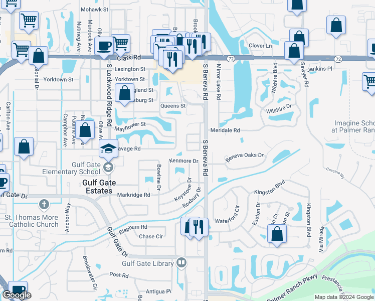 map of restaurants, bars, coffee shops, grocery stores, and more near 6298 Green View Drive in Sarasota