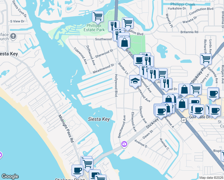 map of restaurants, bars, coffee shops, grocery stores, and more near 1665 Ridgewood Lane in Sarasota