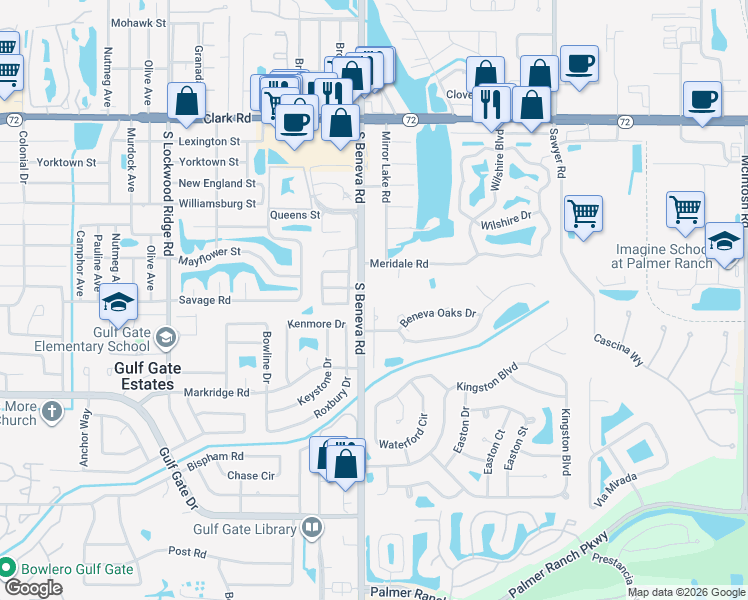 map of restaurants, bars, coffee shops, grocery stores, and more near 6372 Woodbirch Place in Sarasota