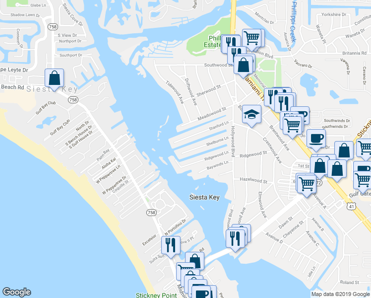 map of restaurants, bars, coffee shops, grocery stores, and more near 1533 Shelburne Lane in Sarasota