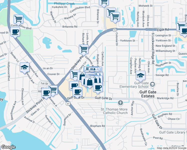 map of restaurants, bars, coffee shops, grocery stores, and more near 6379 Gateway Avenue in Sarasota