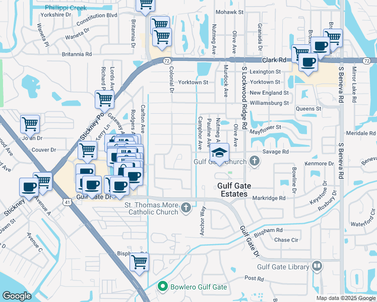 map of restaurants, bars, coffee shops, grocery stores, and more near 6326 Seagate Avenue in Sarasota