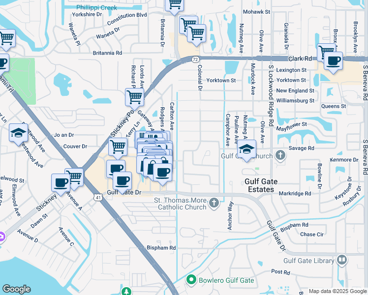 map of restaurants, bars, coffee shops, grocery stores, and more near 2710 Seaspray Street in Sarasota