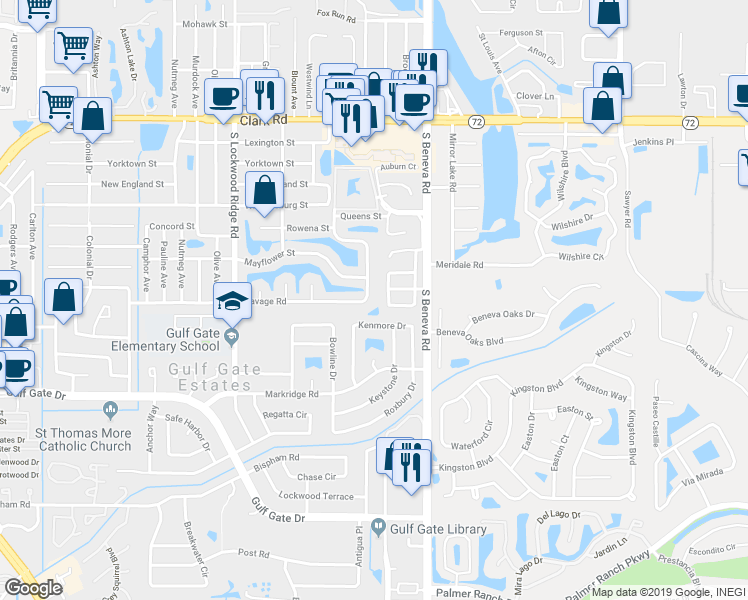 map of restaurants, bars, coffee shops, grocery stores, and more near 6315 Rockefeller Ave in Sarasota