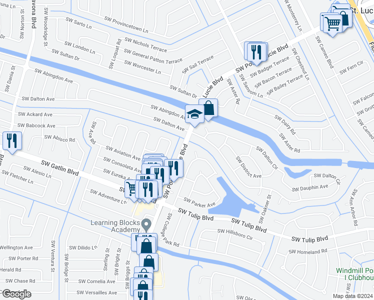 map of restaurants, bars, coffee shops, grocery stores, and more near 2717 Southwest Port Saint Lucie Boulevard in Port St. Lucie