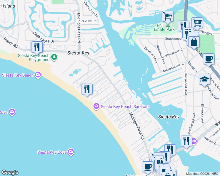 map of restaurants, bars, coffee shops, grocery stores, and more near 1150 Windsong Lane in Siesta Key