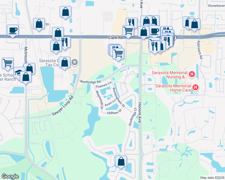 map of restaurants, bars, coffee shops, grocery stores, and more near 6226 Buckingham Street in Sarasota