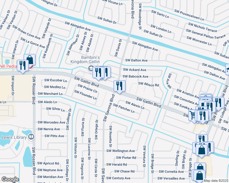 map of restaurants, bars, coffee shops, grocery stores, and more near SW Gatlin Blvd & SW Savona Blvd in Port St. Lucie