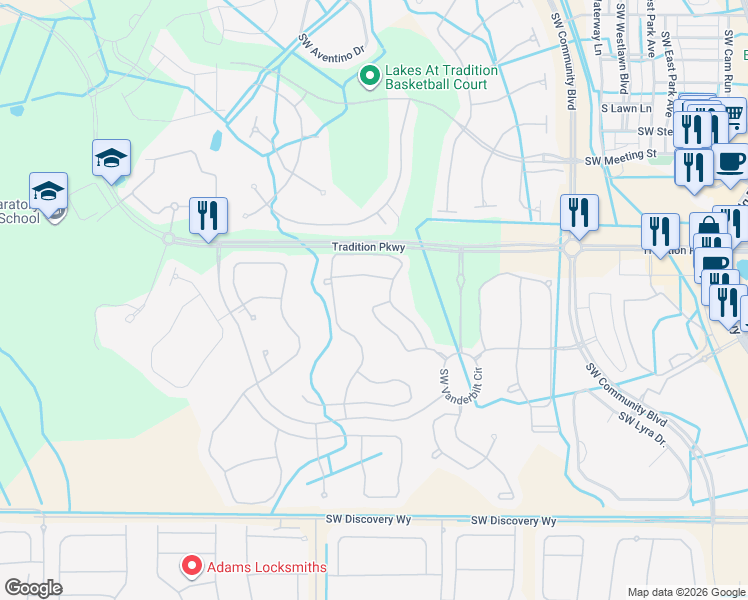 map of restaurants, bars, coffee shops, grocery stores, and more near 11107 Southwest Springtree Terrace in Port St. Lucie