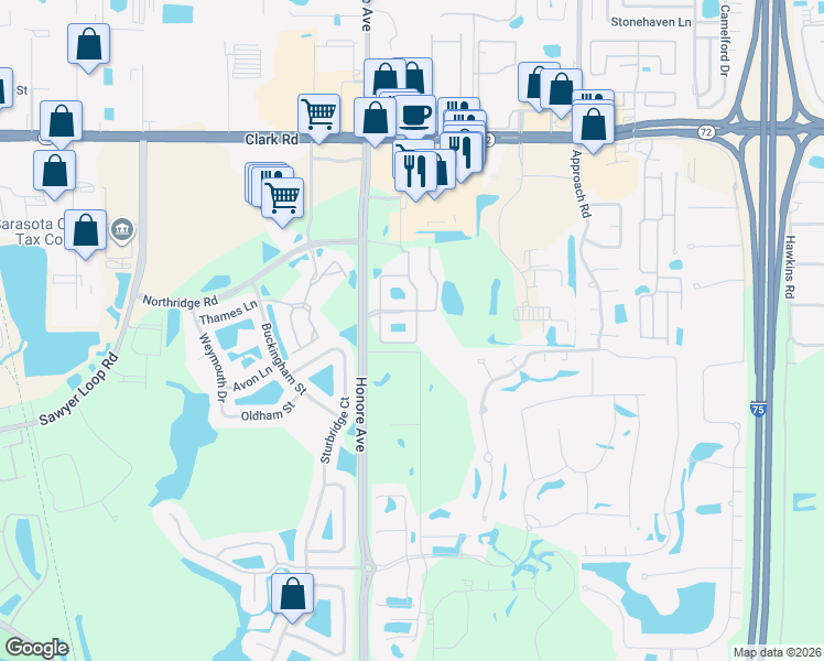 map of restaurants, bars, coffee shops, grocery stores, and more near 8463 Karpeal Drive in Sarasota