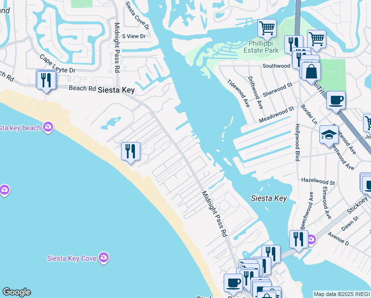 map of restaurants, bars, coffee shops, grocery stores, and more near 6005 Midnight Pass Road in Siesta Key