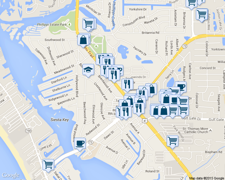 map of restaurants, bars, coffee shops, grocery stores, and more near 6311 Brentwood Avenue in Sarasota