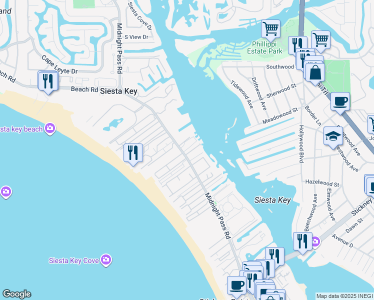 map of restaurants, bars, coffee shops, grocery stores, and more near 1225 State Highway 758 in Siesta Key