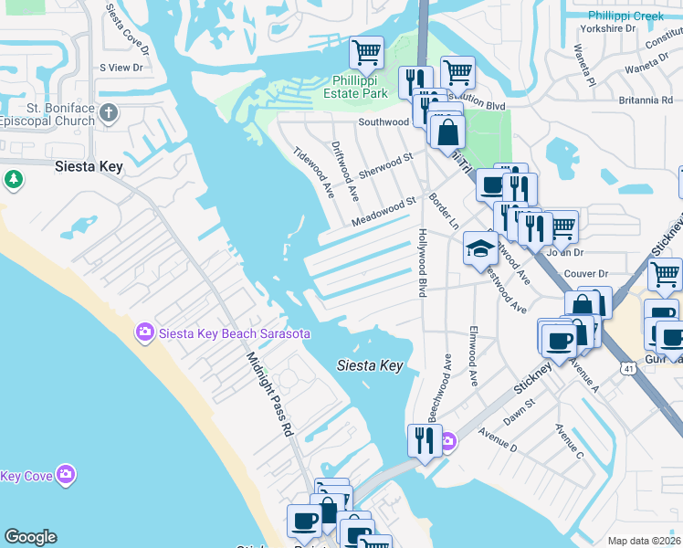 map of restaurants, bars, coffee shops, grocery stores, and more near 1533 Shelburne Lane in Sarasota