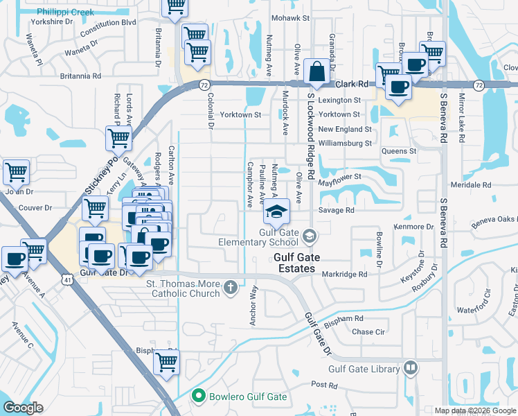 map of restaurants, bars, coffee shops, grocery stores, and more near 6332 Pauline Ave in Sarasota