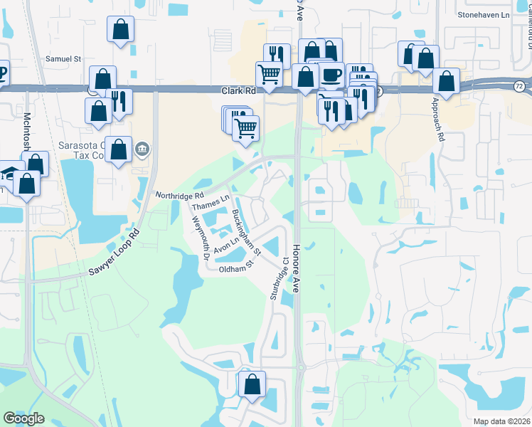 map of restaurants, bars, coffee shops, grocery stores, and more near 5174 Northridge Road in Sarasota
