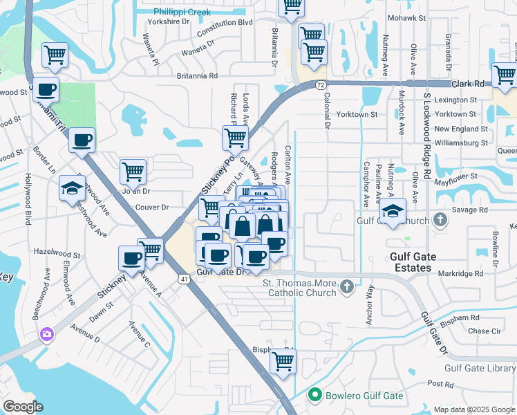 map of restaurants, bars, coffee shops, grocery stores, and more near 6385 Gateway Avenue in Sarasota
