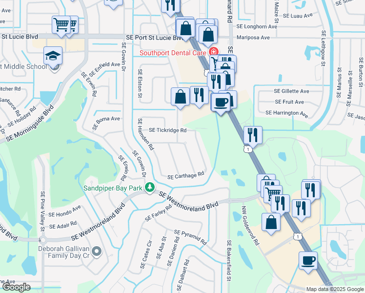 map of restaurants, bars, coffee shops, grocery stores, and more near 2652 Southeast Emmett Road in Port St. Lucie