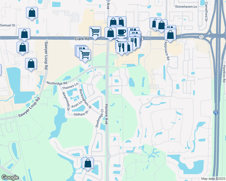 map of restaurants, bars, coffee shops, grocery stores, and more near 8543 Karpeal Drive in Sarasota