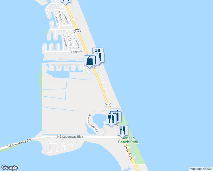 map of restaurants, bars, coffee shops, grocery stores, and more near 4765 Northeast Ocean Boulevard in Jensen Beach